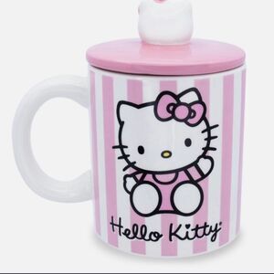 Hello Kitty Pink Stripes Ceramic Mug With Lid Holds 18 Ounces